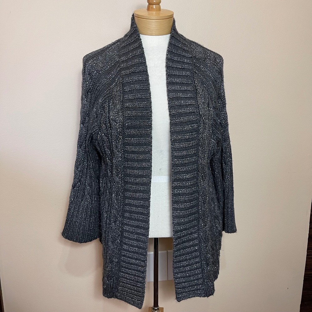 Chico's Metallic Cable Knit Open Front Cardigan Sweater Gray Silver Size 3 XL